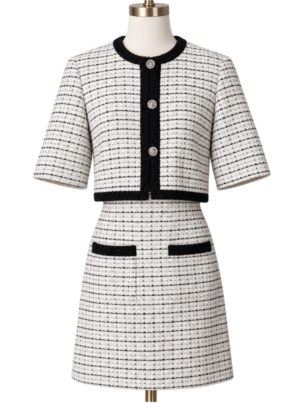 Maje Cream and Black Tweed Midi Dress and Cropped Jacket Set